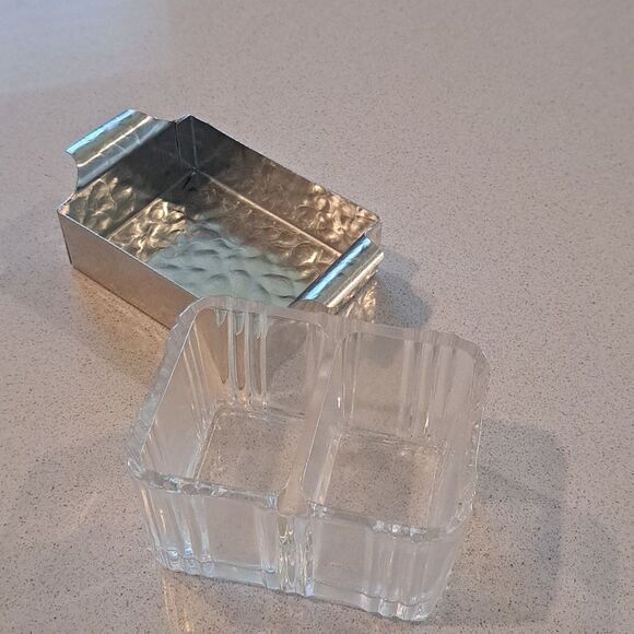 Southern Living at Home Sugar Packet Holder Hammered Aluminum Tray Pressed Glass - Picture 3 of 7